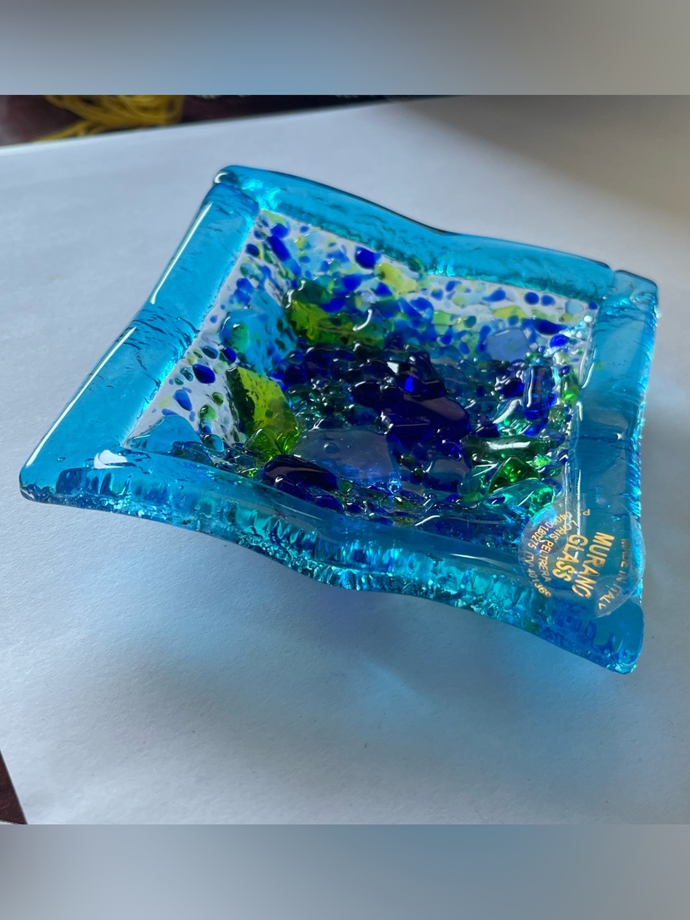 Murano Blue Glass Trinket Dish Ashtray with Green and Cobalt Accents